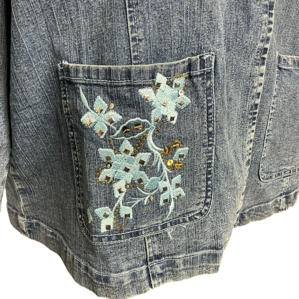 Denim 24/7 Blue Jean Jacket Blazer Long Sleeve with Embroidered Floral Design - Picture 3 of 16